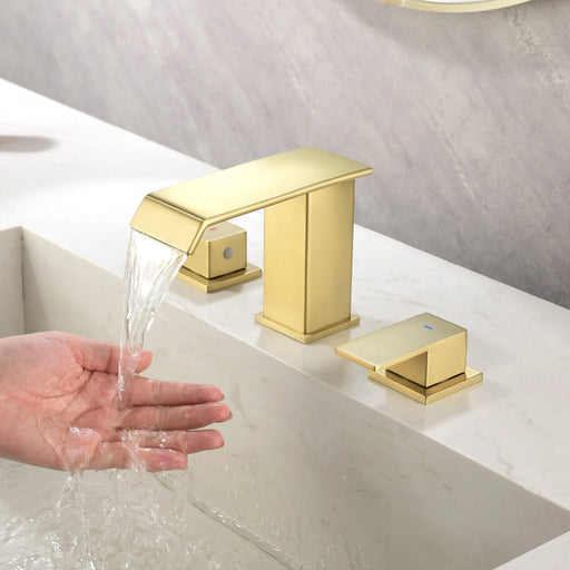 Deck-Mount Widespread Lavatory Faucet Waterfall 8-Inch 2-Handle Bathroom Faucet with Pop Up Drain - Matte Black, Brushed Nickel, Brushed Gold deck-mount-waterfall-8-inch-widespread-2-handle-bathroom-faucet-with-pop-up-drain 