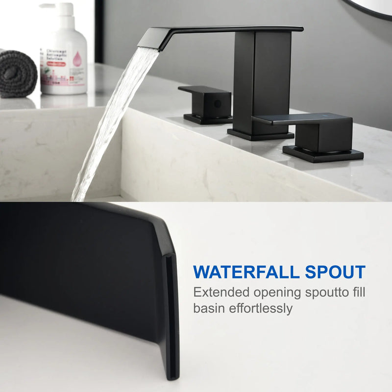 Deck-Mount Widespread Lavatory Faucet Waterfall 8-Inch 2-Handle Bathroom Faucet with Pop Up Drain - Matte Black, Brushed Nickel, Brushed Gold deck-mount-waterfall-8-inch-widespread-2-handle-bathroom-faucet-with-pop-up-drain 