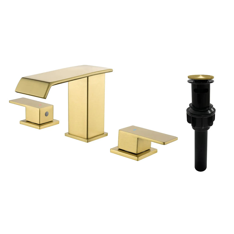Deck-Mount Widespread Lavatory Faucet Waterfall 8-Inch 2-Handle Bathroom Faucet with Pop Up Drain - Matte Black, Brushed Nickel, Brushed Gold deck-mount-waterfall-8-inch-widespread-2-handle-bathroom-faucet-with-pop-up-drain Brushed Gold / Brass / 15.7*11*3.3inches