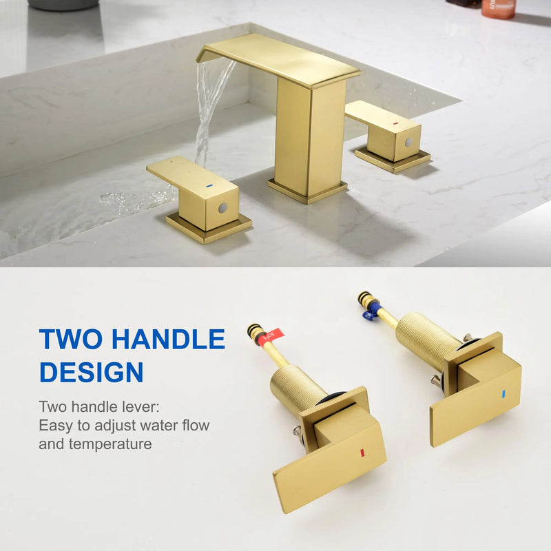 Deck-Mount Widespread Lavatory Faucet Waterfall 8-Inch 2-Handle Bathroom Faucet with Pop Up Drain - Matte Black, Brushed Nickel, Brushed Gold deck-mount-waterfall-8-inch-widespread-2-handle-bathroom-faucet-with-pop-up-drain 