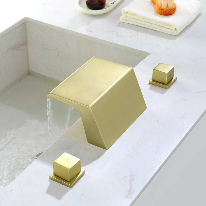 Deck-Mounted Waterfall Tub Filler 3 Hole Widespread Bathroom Sink Faucet with Two Square Handle waterfall-tub-filler-deck-mount-3-hole-roman-bathtub-faucet-two-square-handle-bathroom-sink-faucet-with-valve-and-cupc-water-supply-lines-brushed-gold-1520bg 