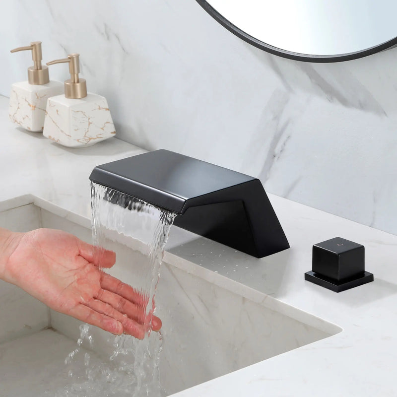 Deck-Mounted Waterfall Tub Filler 3 Hole Widespread Bathroom Sink Faucet with Two Square Handle waterfall-tub-filler-deck-mount-3-hole-roman-bathtub-faucet-two-square-handle-bathroom-sink-faucet-with-valve-and-cupc-water-supply-lines-brushed-gold-1520bg 