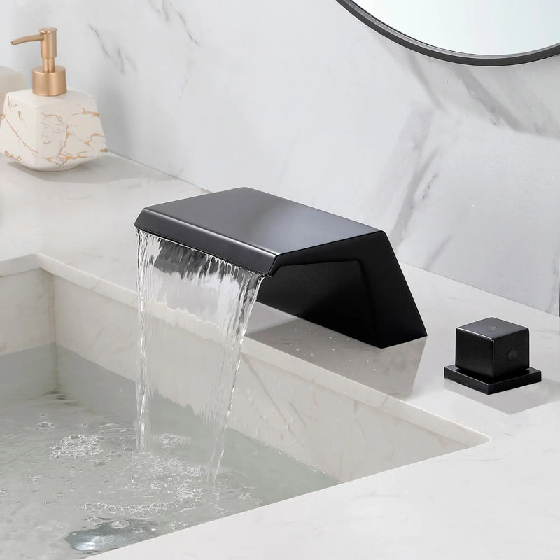 Deck-Mounted Waterfall Tub Filler 3 Hole Widespread Bathroom Sink Faucet with Two Square Handle waterfall-tub-filler-deck-mount-3-hole-roman-bathtub-faucet-two-square-handle-bathroom-sink-faucet-with-valve-and-cupc-water-supply-lines-brushed-gold-1520bg Matte Black / Brass / 11.93 x 10.43 x 5.28 inches