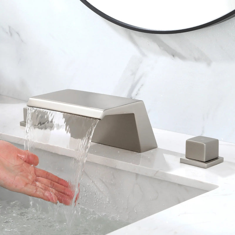 Deck-Mounted Waterfall Tub Filler 3 Hole Widespread Bathroom Sink Faucet with Two Square Handle waterfall-tub-filler-deck-mount-3-hole-roman-bathtub-faucet-two-square-handle-bathroom-sink-faucet-with-valve-and-cupc-water-supply-lines-brushed-gold-1520bg 
