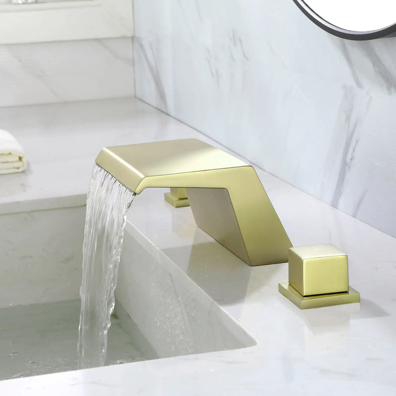 Deck-Mounted Waterfall Tub Filler 3 Hole Widespread Bathroom Sink Faucet with Two Square Handle waterfall-tub-filler-deck-mount-3-hole-roman-bathtub-faucet-two-square-handle-bathroom-sink-faucet-with-valve-and-cupc-water-supply-lines-brushed-gold-1520bg 