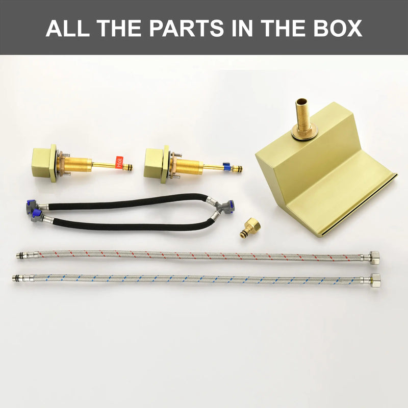 Deck-Mounted Waterfall Tub Filler 3 Hole Widespread Bathroom Sink Faucet with Two Square Handle waterfall-tub-filler-deck-mount-3-hole-roman-bathtub-faucet-two-square-handle-bathroom-sink-faucet-with-valve-and-cupc-water-supply-lines-brushed-gold-1520bg 