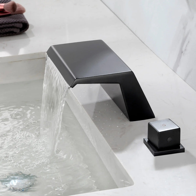 Deck-Mounted Waterfall Tub Filler 3 Hole Widespread Bathroom Sink Faucet with Two Square Handle waterfall-tub-filler-deck-mount-3-hole-roman-bathtub-faucet-two-square-handle-bathroom-sink-faucet-with-valve-and-cupc-water-supply-lines-brushed-gold-1520bg 