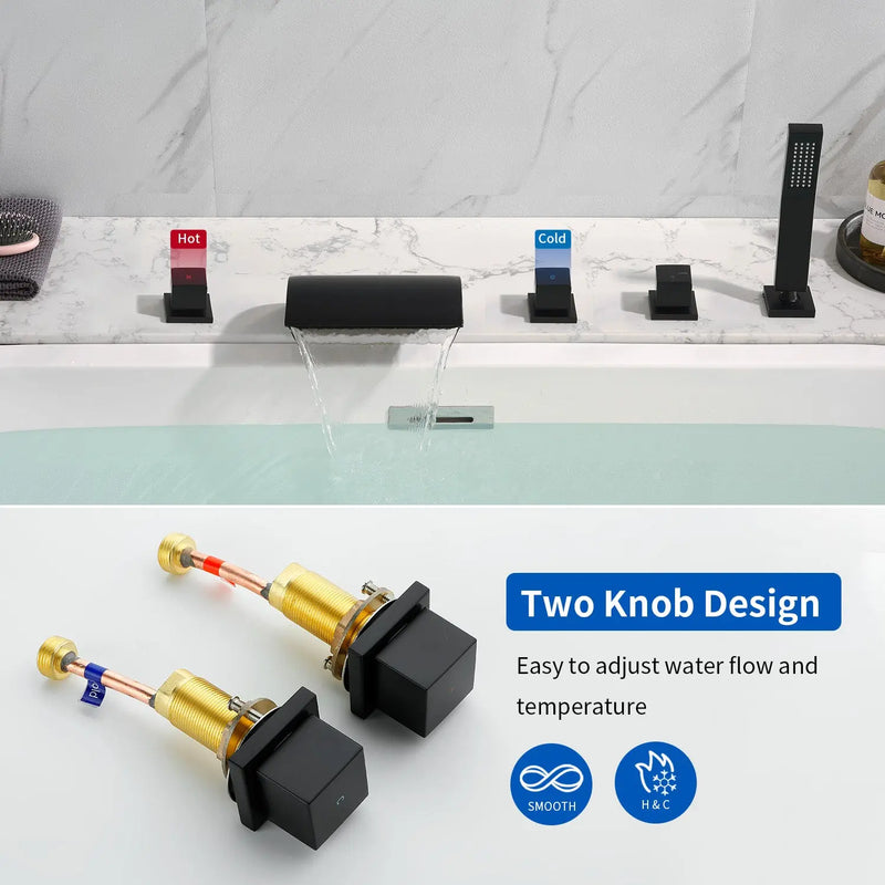 Deck Mount Bath Trim Hot and Cold Water Mixer 2 Knob Handles 5-Hole Roman Tub Faucet with Diverter and Hand Shower hot-and-cold-water-mixer-2-knob-handles-5-hole-deck-mount-roman-tub-faucet-with-diverter-and-hand-shower 