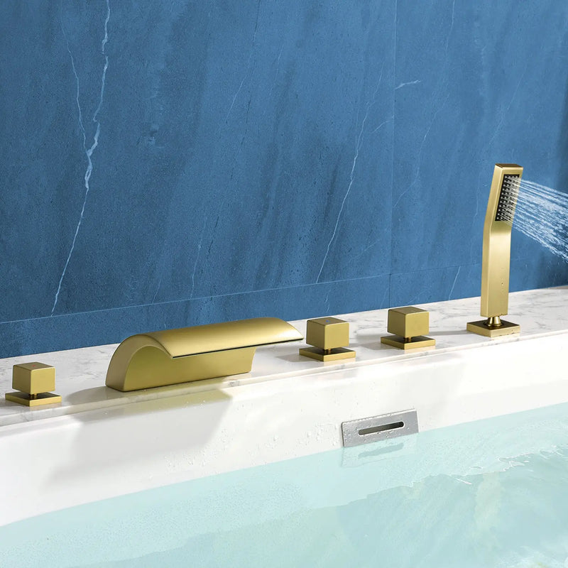 Deck Mount Bath Trim Hot and Cold Water Mixer 2 Knob Handles 5-Hole Roman Tub Faucet with Diverter and Hand Shower hot-and-cold-water-mixer-2-knob-handles-5-hole-deck-mount-roman-tub-faucet-with-diverter-and-hand-shower 