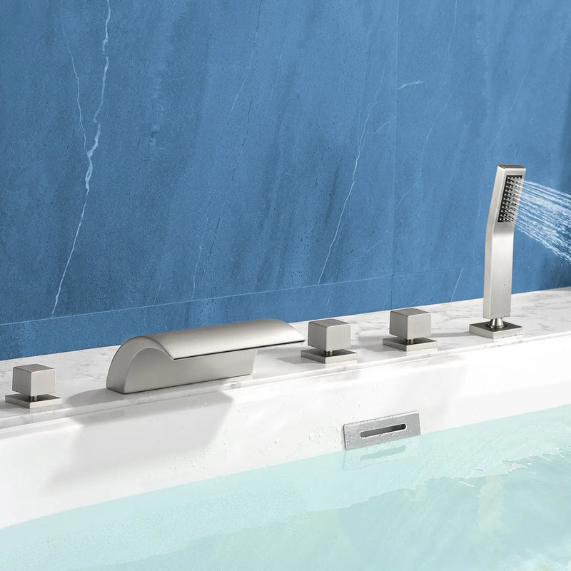 Deck Mount Bath Trim Hot and Cold Water Mixer 2 Knob Handles 5-Hole Roman Tub Faucet with Diverter and Hand Shower hot-and-cold-water-mixer-2-knob-handles-5-hole-deck-mount-roman-tub-faucet-with-diverter-and-hand-shower Brushed Nickel / Brass & SUS304 / 17.5*13.4*5.5 inches
