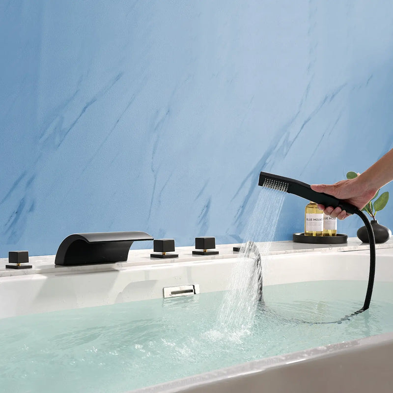 Deck Mount Bath Trim Hot and Cold Water Mixer 2 Knob Handles 5-Hole Roman Tub Faucet with Diverter and Hand Shower hot-and-cold-water-mixer-2-knob-handles-5-hole-deck-mount-roman-tub-faucet-with-diverter-and-hand-shower 