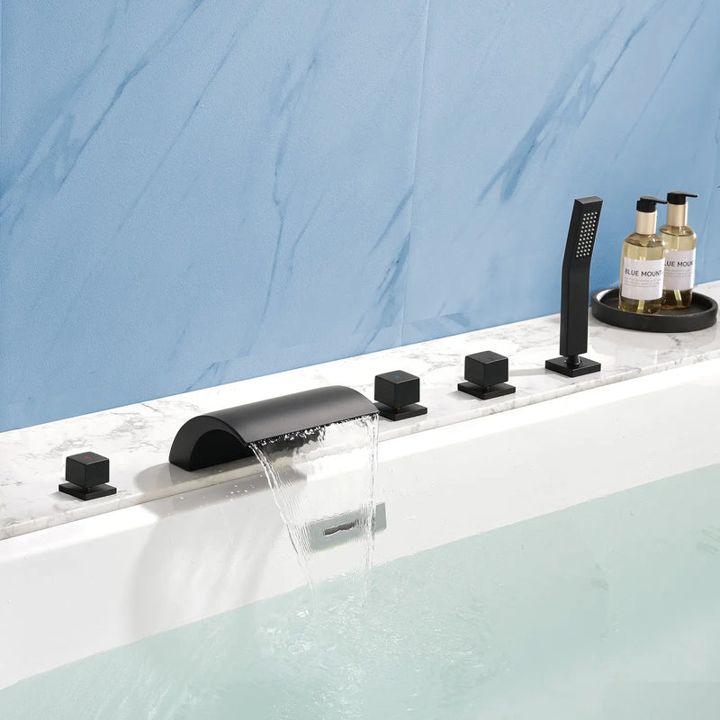 Deck Mount Bath Trim Hot and Cold Water Mixer 2 Knob Handles 5-Hole Roman Tub Faucet with Diverter and Hand Shower hot-and-cold-water-mixer-2-knob-handles-5-hole-deck-mount-roman-tub-faucet-with-diverter-and-hand-shower Matte Black / Brass & SUS304 / 17.5*13.4*5.5 inches