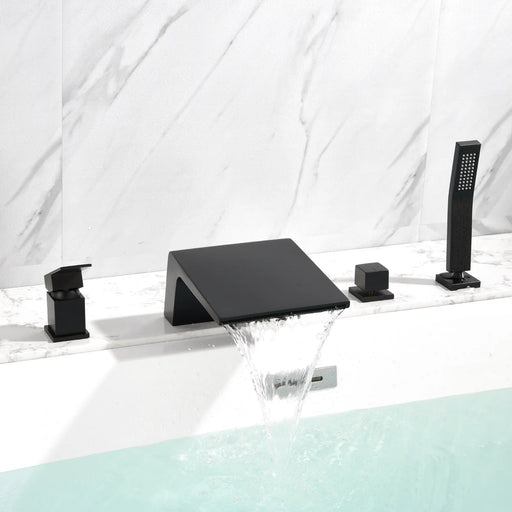 Deck Mount Roman Tub Faucet with Sprayer Waterfall Tub Filler with Hand Shower, Single Handle Bathtub Faucet Set with Handheld Shower Head, Valve and Trim Included deck-mount-roman-tub-faucet-with-sprayer-waterfall-tub-filler-with-hand-shower-single-handle-bathtub-faucet-set-with-handheld-shower-head-valve-and-trim-included Matte Black / Brass / 17.5*13.4*5.5 inches