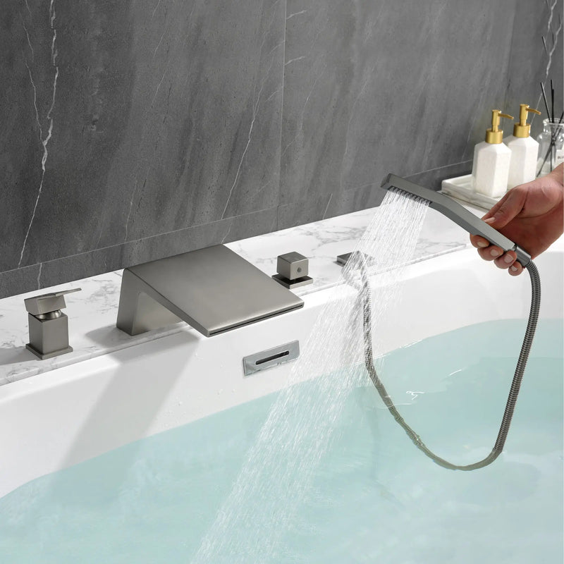 Deck Mount Roman Tub Faucet with Sprayer Waterfall Tub Filler with Hand Shower, Single Handle Bathtub Faucet Set with Handheld Shower Head, Valve and Trim Included deck-mount-roman-tub-faucet-with-sprayer-waterfall-tub-filler-with-hand-shower-single-handle-bathtub-faucet-set-with-handheld-shower-head-valve-and-trim-included 