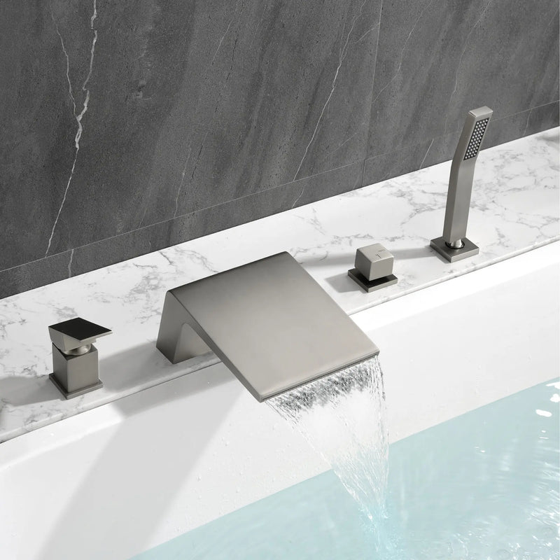 Deck Mount Roman Tub Faucet with Sprayer Waterfall Tub Filler with Hand Shower, Single Handle Bathtub Faucet Set with Handheld Shower Head, Valve and Trim Included deck-mount-roman-tub-faucet-with-sprayer-waterfall-tub-filler-with-hand-shower-single-handle-bathtub-faucet-set-with-handheld-shower-head-valve-and-trim-included Brushed Nickel / Brass / 17.5*13.4*5.5 inches