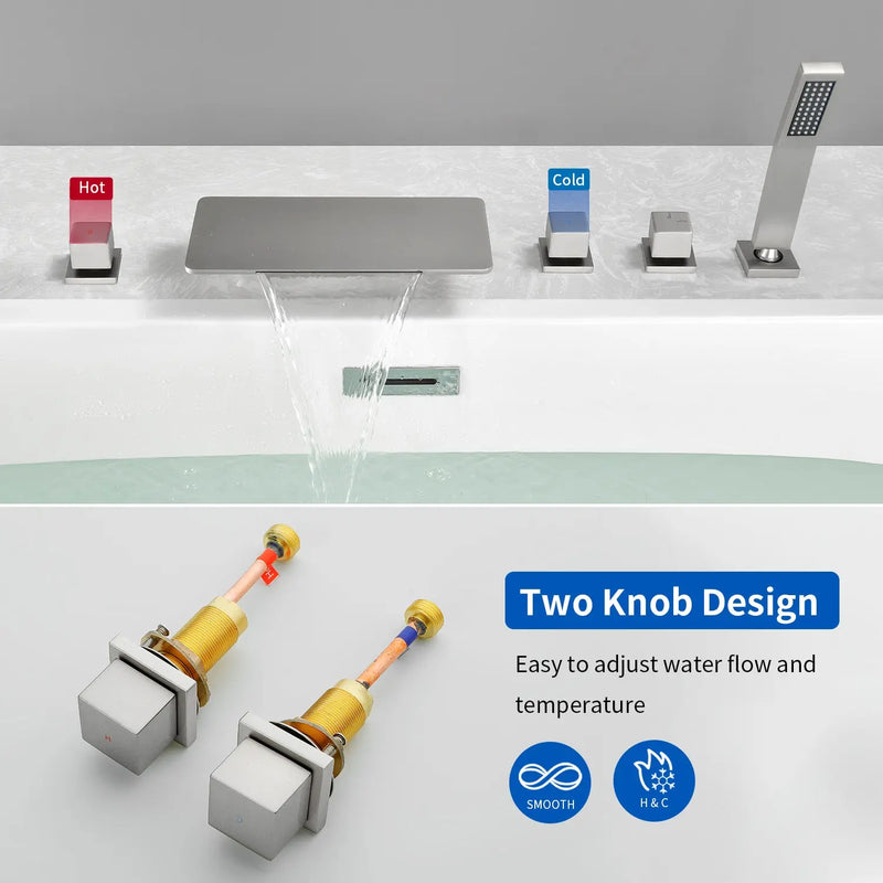 Deck Mounted Roman Bath Filler 5-Hole 2-Handle tub faucet trim with High Pressure Hand Shower and SUS304 Bath Tub Spout 5-hole-2-handle-deck-mounted-roman-bath-filler-with-high-pressure-hand-shower-and-sus304-bath-tub-spout 