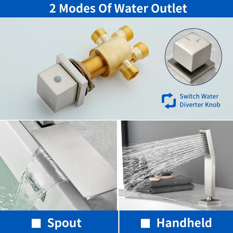 Deck Mounted Roman Bath Filler 5-Hole 2-Handle tub faucet trim with High Pressure Hand Shower and SUS304 Bath Tub Spout 5-hole-2-handle-deck-mounted-roman-bath-filler-with-high-pressure-hand-shower-and-sus304-bath-tub-spout 