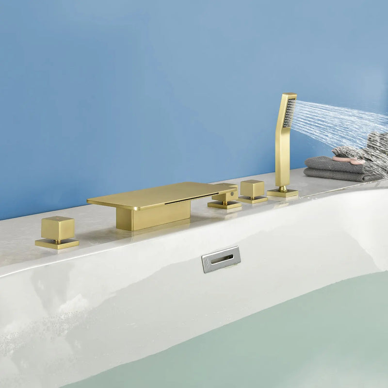 Deck Mounted Roman Bath Filler 5-Hole 2-Handle tub faucet trim with High Pressure Hand Shower and SUS304 Bath Tub Spout 5-hole-2-handle-deck-mounted-roman-bath-filler-with-high-pressure-hand-shower-and-sus304-bath-tub-spout 