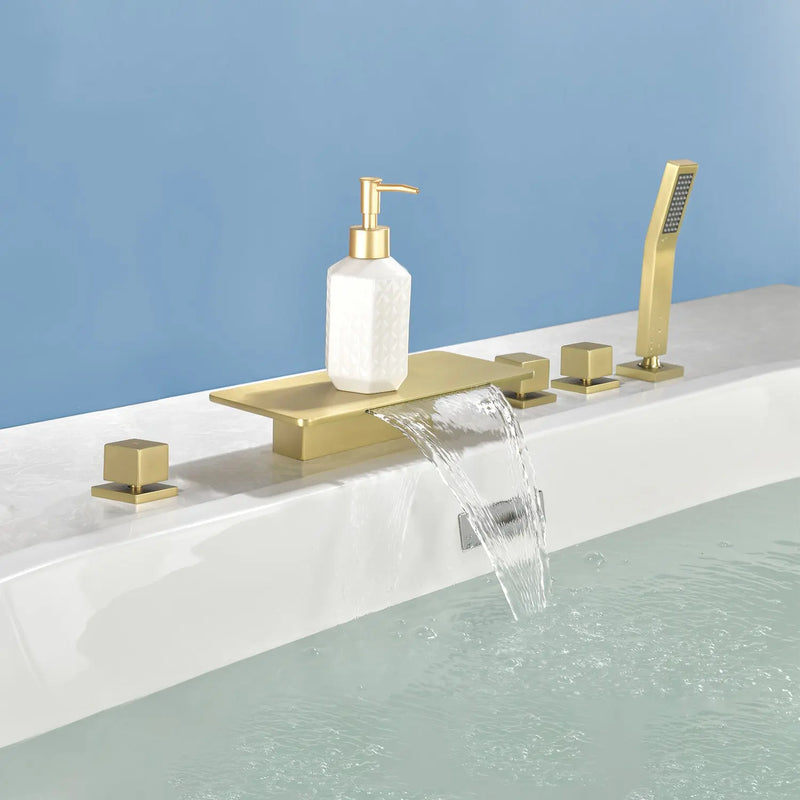 Deck Mounted Roman Bath Filler 5-Hole 2-Handle tub faucet trim with High Pressure Hand Shower and SUS304 Bath Tub Spout 5-hole-2-handle-deck-mounted-roman-bath-filler-with-high-pressure-hand-shower-and-sus304-bath-tub-spout 