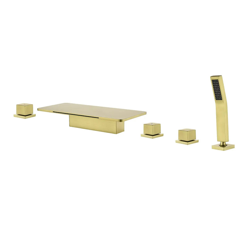 Deck Mounted Roman Bath Filler 5-Hole 2-Handle tub faucet trim with High Pressure Hand Shower and SUS304 Bath Tub Spout 5-hole-2-handle-deck-mounted-roman-bath-filler-with-high-pressure-hand-shower-and-sus304-bath-tub-spout Brushed Gold / Brass & SUS304 / 17.5*13.4*5.5 inches