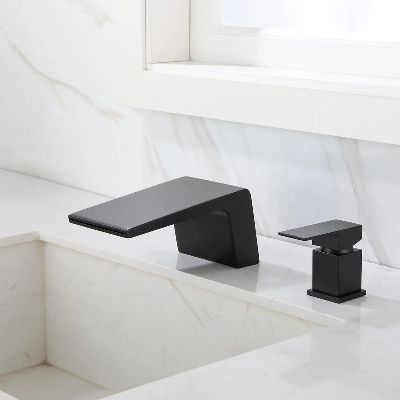 Deck Mounted Two Holes Single-Handle Waterfall Bathroom Sink Faucet 1.2GPM bathroom-sink-faucet-black 