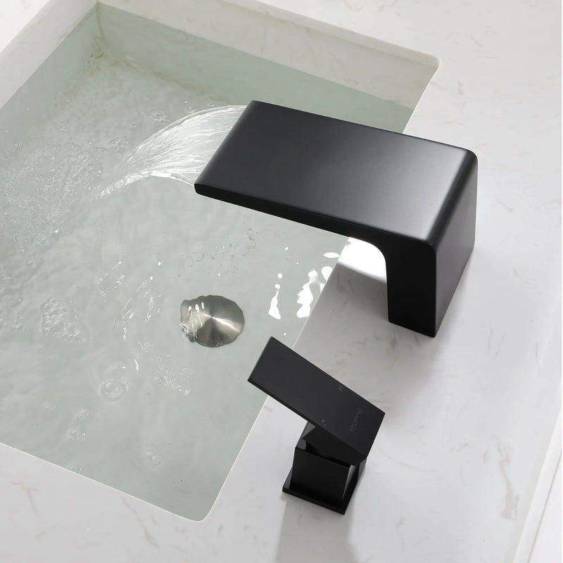Deck Mounted Two Holes Single-Handle Waterfall Bathroom Sink Faucet 1.2GPM bathroom-sink-faucet-black 