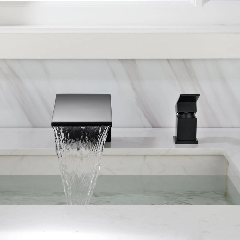 Deck Mounted Two Holes Single-Handle Waterfall Bathroom Sink Faucet 1.2GPM bathroom-sink-faucet-black 