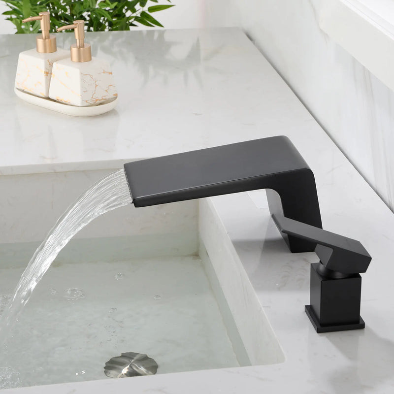 Deck Mounted Two Holes Single-Handle Waterfall Bathroom Sink Faucet 1.2GPM bathroom-sink-faucet-black 