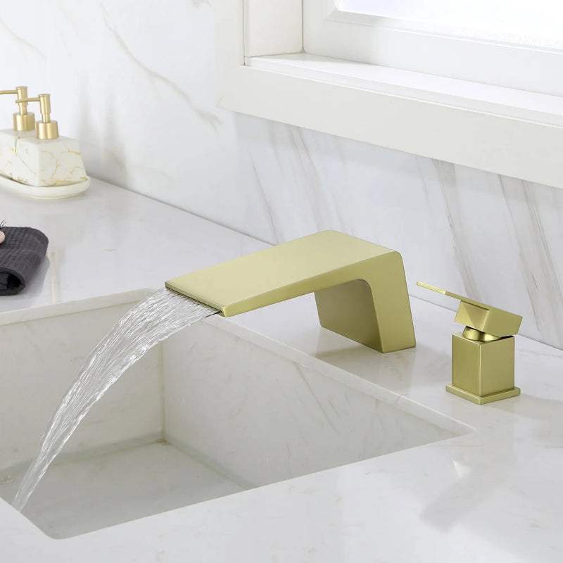 Deck Mounted Two Holes Single-Handle Waterfall Bathroom Sink Faucet 1.2GPM bathroom-sink-faucet-black Brushed Gold / Brass / 11.8 x 10.6 x 5.1 Inches