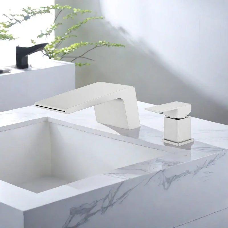 Deck Mounted Two Holes Single-Handle Waterfall Bathroom Sink Faucet 1.2GPM bathroom-sink-faucet-black Brushed Nickel / Brass / 11.8 x 10.6 x 5.1 Inches
