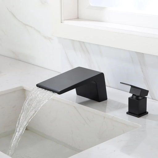 Deck Mounted Two Holes Single-Handle Waterfall Bathroom Sink Faucet 1.2GPM bathroom-sink-faucet-black Matte Black / Brass / 11.8 x 10.6 x 5.1 Inches