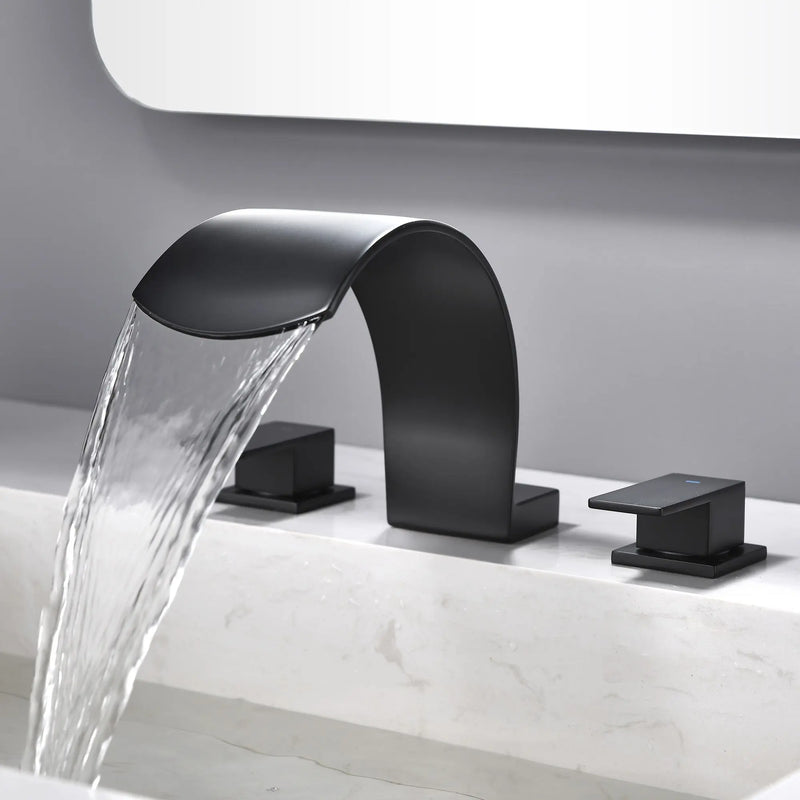 Deck Mounted Waterfall 8" Widespread Bathroom Sink Faucet 3 Holes,Double Handle Basin Mixer Tap deck-mount-waterfall-faucet-8-widespread-3-hole Matte Black / Brass & SUS304 / 14.8*9.6*4.7inches