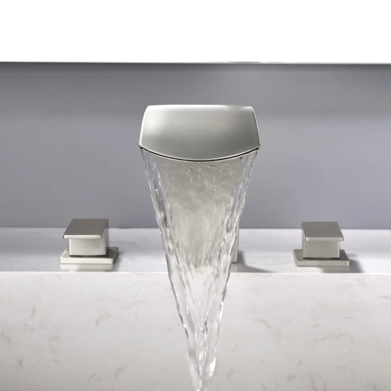 Deck Mounted Waterfall 8" Widespread Bathroom Sink Faucet 3 Holes,Double Handle Basin Mixer Tap deck-mount-waterfall-faucet-8-widespread-3-hole Brushed Nickel / Brass & SUS304 / 14.8*9.6*4.7inches
