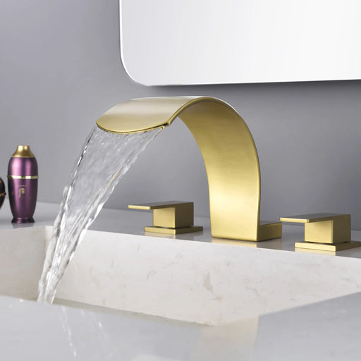 Deck Mounted Waterfall 8" Widespread Bathroom Sink Faucet 3 Holes,Double Handle Basin Mixer Tap deck-mount-waterfall-faucet-8-widespread-3-hole Brushed Gold / Brass & SUS304 / 14.8*9.6*4.7inches