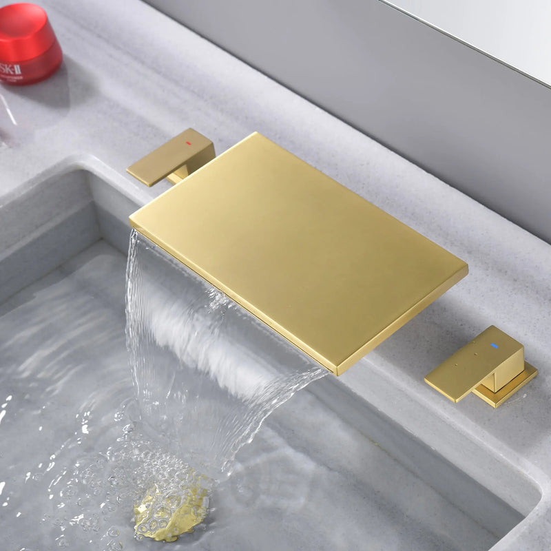 Dual Lever Bathroom Basin Tap Hot and Cold Water Square Widespread Waterfall 3-Hole Roman Tub Faucet Trim dual-lever-3-hole-hot-and-cold-water-square-bathroom-basin-tap-widespread-waterfall-bathroom-faucet Brushed Gold / Brass  & SUS304 / 17.7*9.3*3.5inches