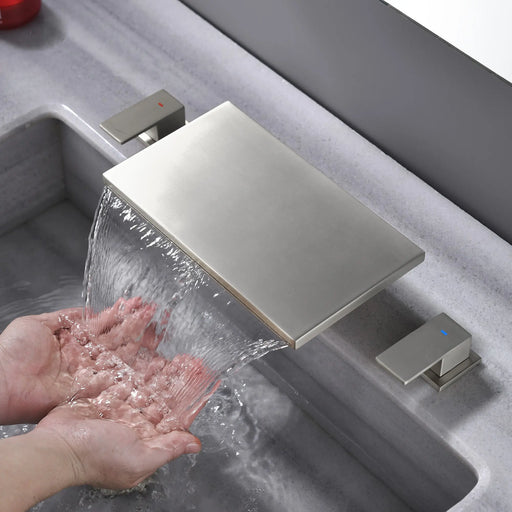 Dual Lever Bathroom Basin Tap Hot and Cold Water Square Widespread Waterfall 3-Hole Roman Tub Faucet Trim dual-lever-3-hole-hot-and-cold-water-square-bathroom-basin-tap-widespread-waterfall-bathroom-faucet Brushed Nickel / Brass  & SUS304 / 17.7*9.3*3.5inches