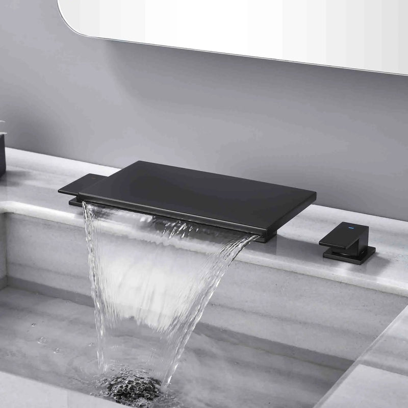 Dual Lever Bathroom Basin Tap Hot and Cold Water Square Widespread Waterfall 3-Hole Roman Tub Faucet Trim dual-lever-3-hole-hot-and-cold-water-square-bathroom-basin-tap-widespread-waterfall-bathroom-faucet Matte Black / Brass  & SUS304 / 17.7*9.3*3.5inches