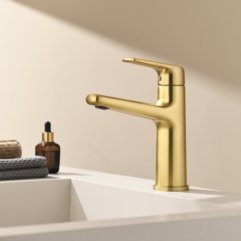 Single Handle Bathroom Sink Faucet Deck Mount One Hole Vanity Faucet with Pop-Up Drain - Matte Black, Chrome, Brushed Nickel, Brushed Gold