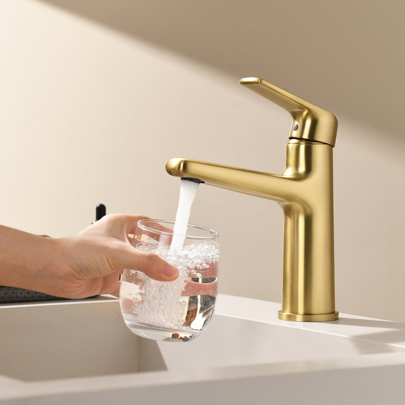 Single Handle Bathroom Sink Faucet Deck Mount One Hole Vanity Faucet with Pop-Up Drain - Matte Black, Chrome, Brushed Nickel, Brushed Gold