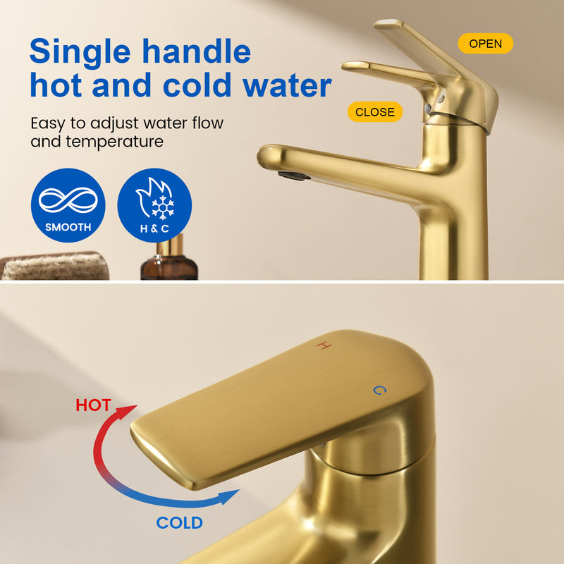 Single Handle Bathroom Sink Faucet Deck Mount One Hole Vanity Faucet with Pop-Up Drain - Matte Black, Chrome, Brushed Nickel, Brushed Gold