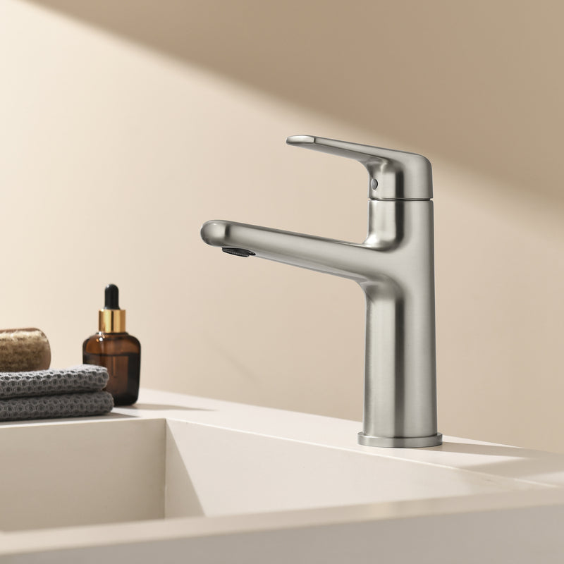 Single Handle Bathroom Sink Faucet Deck Mount One Hole Vanity Faucet with Pop-Up Drain - Matte Black, Chrome, Brushed Nickel, Brushed Gold