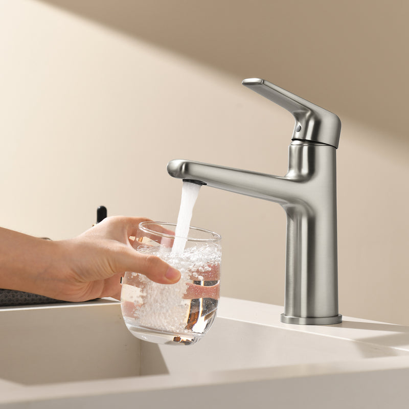 Single Handle Bathroom Sink Faucet Deck Mount One Hole Vanity Faucet with Pop-Up Drain - Matte Black, Chrome, Brushed Nickel, Brushed Gold