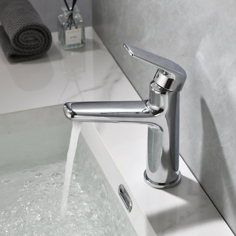 Single Handle Bathroom Sink Faucet Deck Mount One Hole Vanity Faucet with Pop-Up Drain - Matte Black, Chrome, Brushed Nickel, Brushed Gold