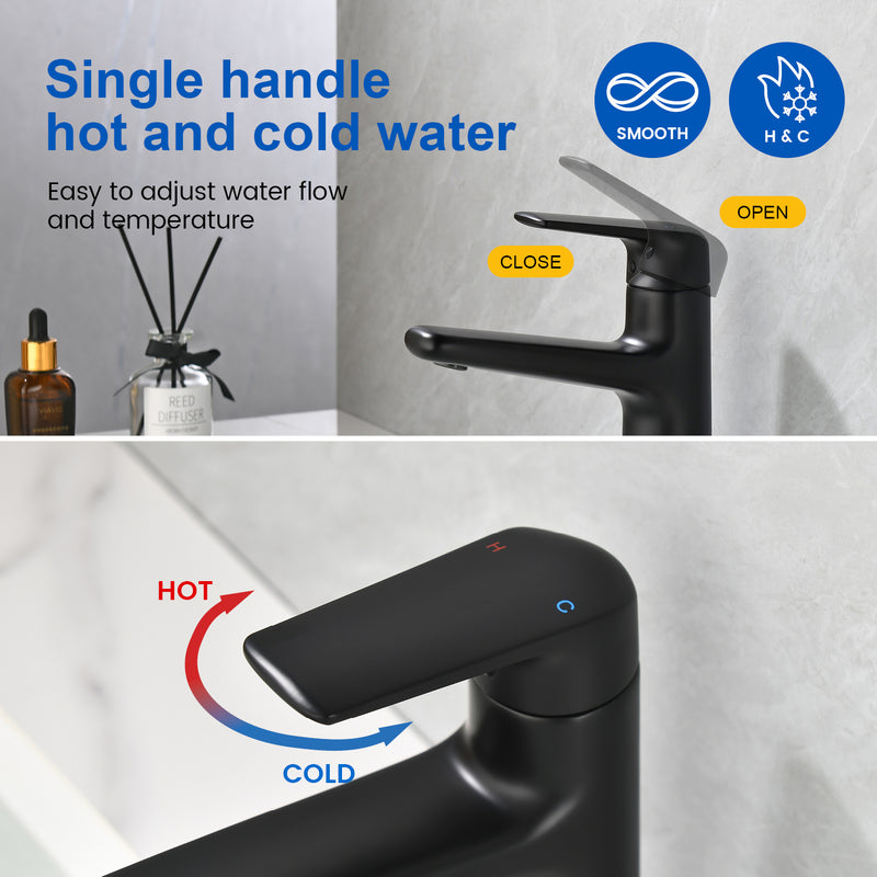 Single Handle Bathroom Sink Faucet Deck Mount One Hole Vanity Faucet with Pop-Up Drain - Matte Black, Chrome, Brushed Nickel, Brushed Gold