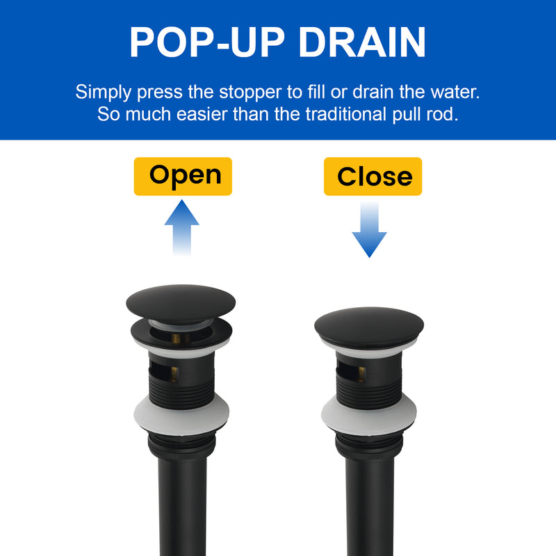 Single Handle Bathroom Sink Faucet Deck Mount One Hole Vanity Faucet with Pop-Up Drain - Matte Black, Chrome, Brushed Nickel, Brushed Gold