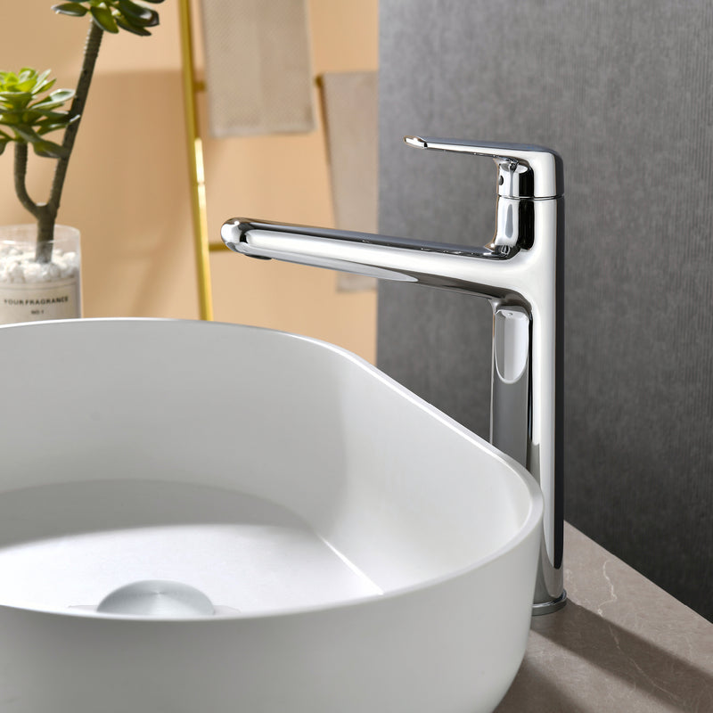 1-Hole Vessel Bathroom Faucet Brass Single Lever Basin Mixer Faucet with Stainles Steel Pop Up Sink Drain
