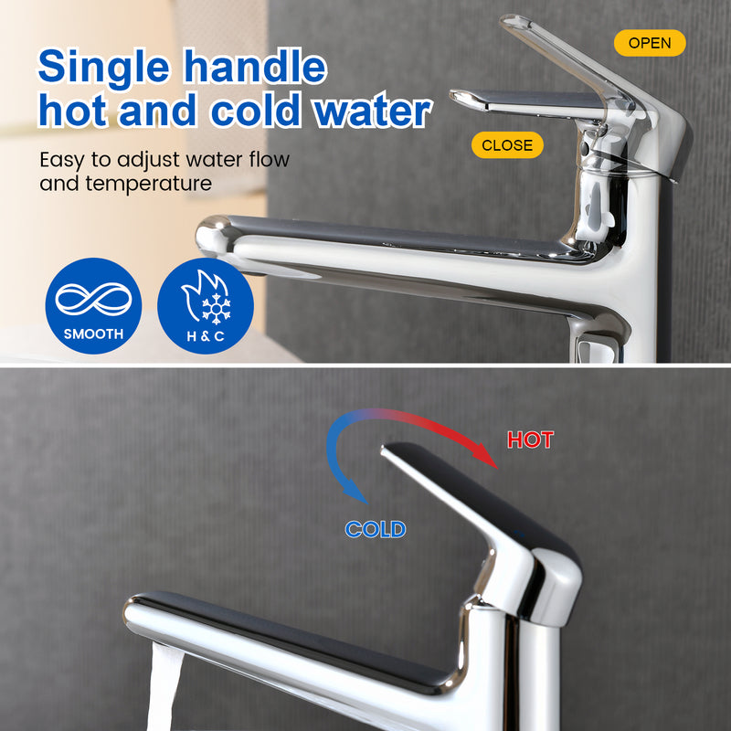 1-Hole Vessel Bathroom Faucet Brass Single Lever Basin Mixer Faucet with Stainles Steel Pop Up Sink Drain