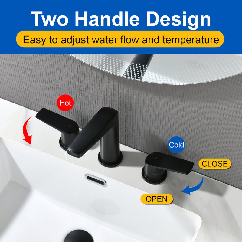 3 Piece Bathroom Sink Faucet Deck Mount Brass 2 Handle 8 In. Widespread Wash Basin Faucet with Popup Drain