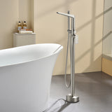 Single-Handle Stand Alone Bathtub Faucet Hot and Cold Water Freestanding Bathtub Filler with High Pressure Hand Shower in Brushed Gold, Brushed Nickel, Matte Black, Chrome