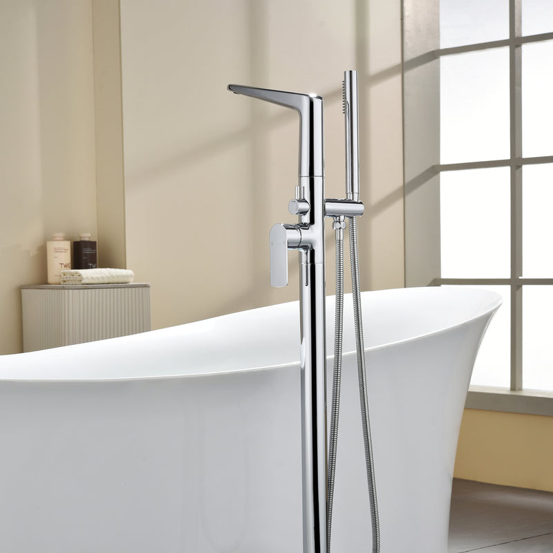 Single-Handle Stand Alone Bathtub Faucet Hot and Cold Water Freestanding Bathtub Filler with High Pressure Hand Shower in Brushed Gold, Brushed Nickel, Matte Black, Chrome